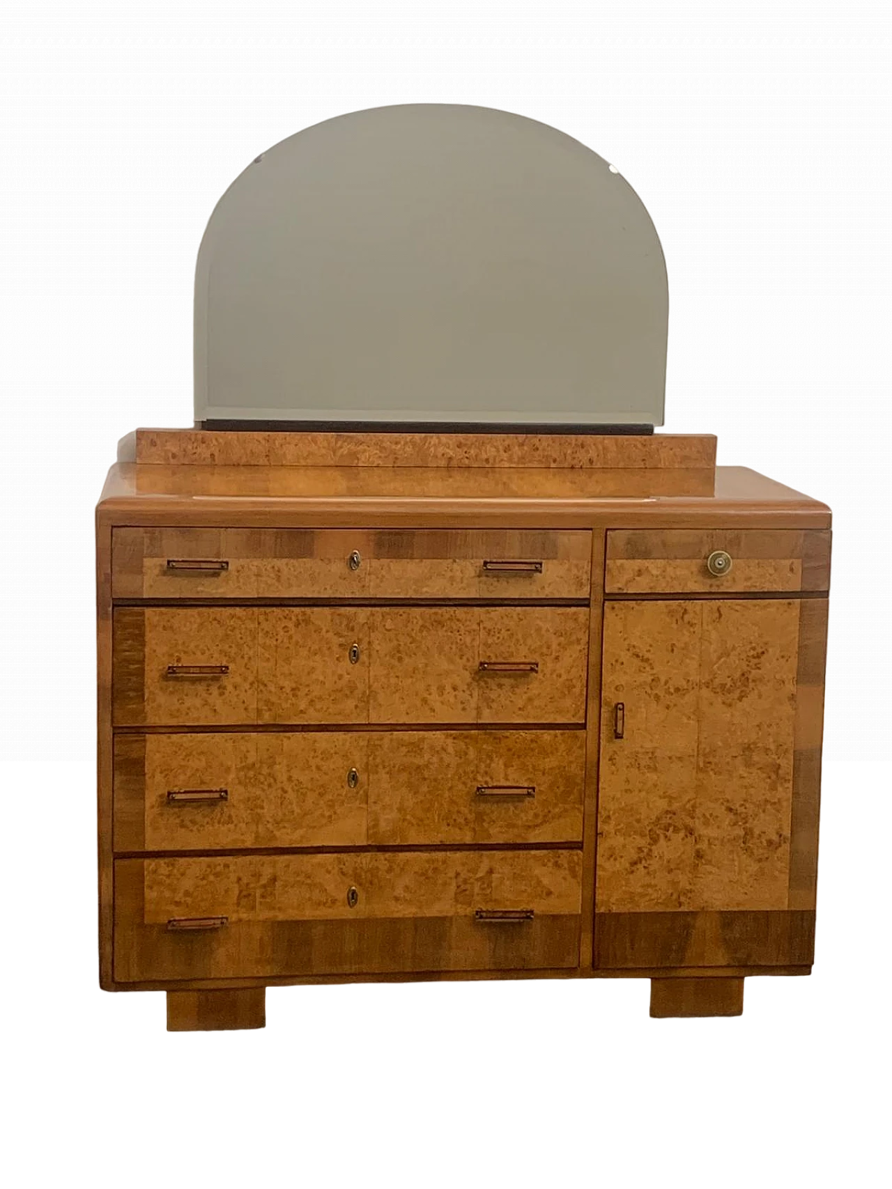 Chest of drawers in blond walnut and tuja burl with mirror, 1930s 12