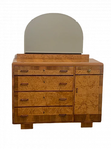 Chest of drawers in blond walnut and tuja burl with mirror, 1930s