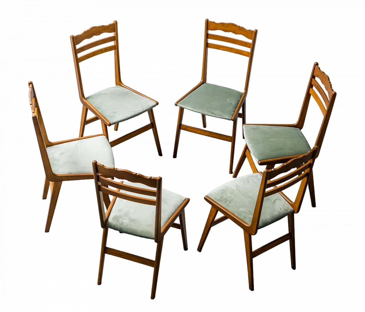 6 Chairs in wood and green velvet, 1960s 13