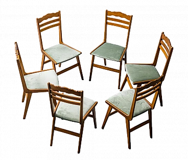 6 Chairs in wood and green velvet, 1960s