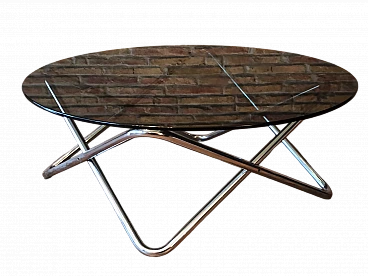 Tavolino in acciaio cromato con piano in vetro nero, anni '70