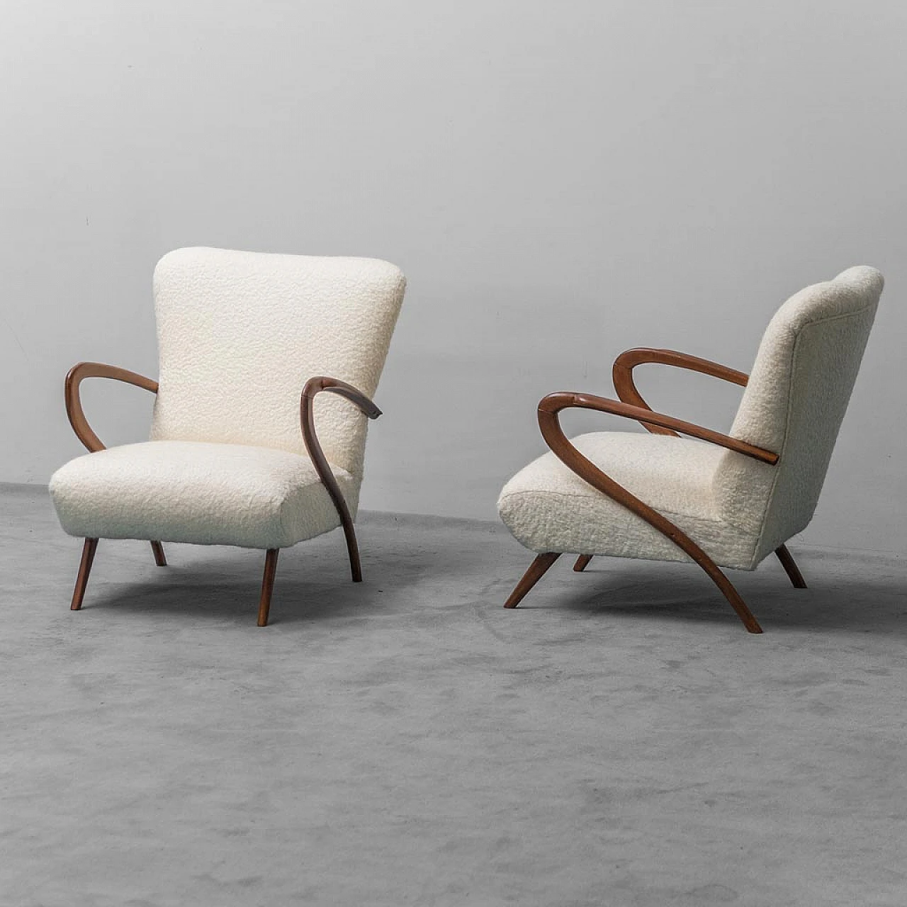 Pair of armchairs in wood and white fabric, 1960s 1