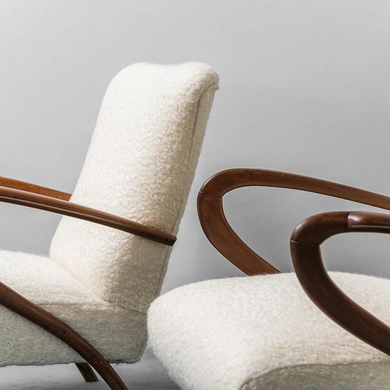 Pair of armchairs in wood and white fabric, 1960s 2