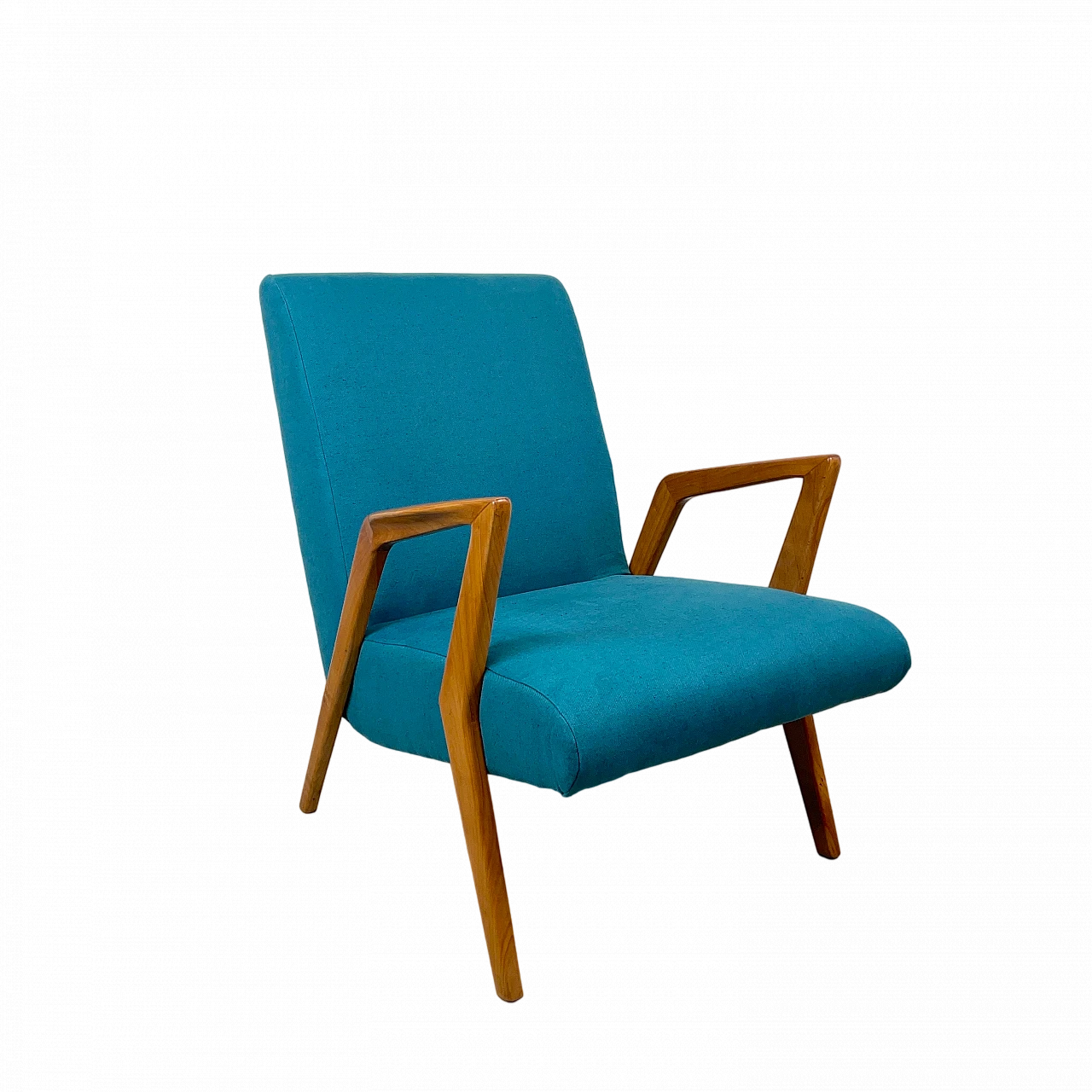 Cherry wood and light blue fabric armchair, 1960s 13