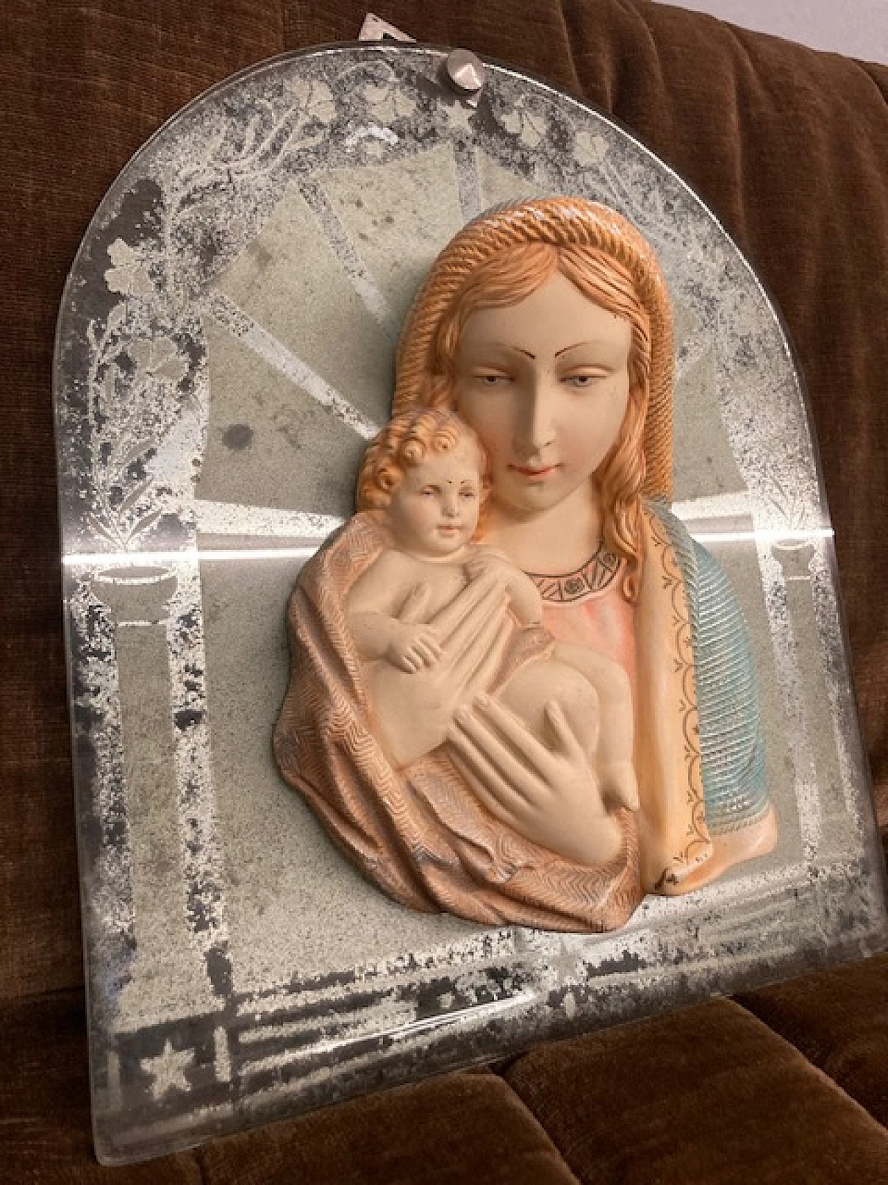 Ceramic Madonna and Child on glass base, 1940s 1