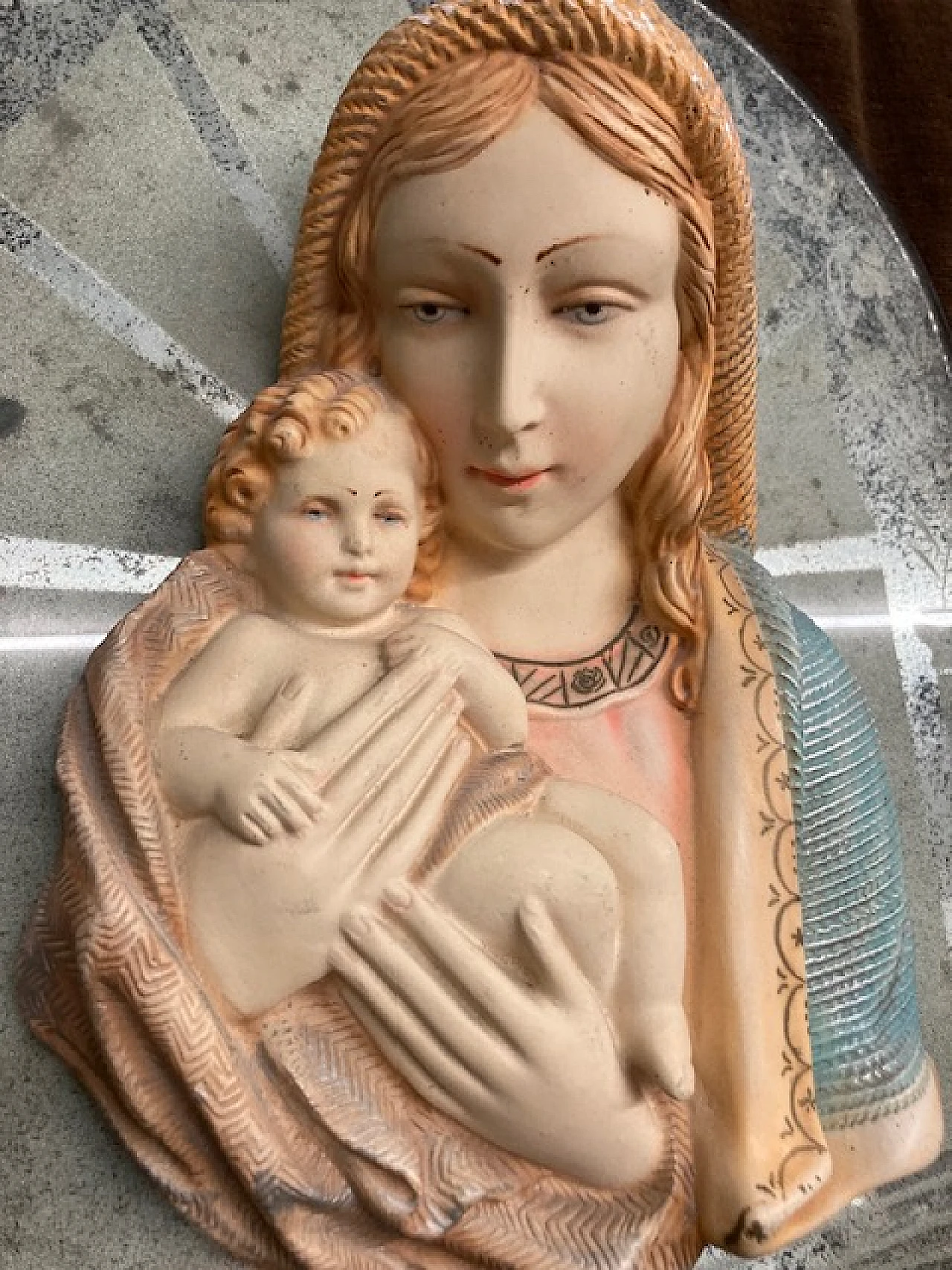 Ceramic Madonna and Child on glass base, 1940s 2