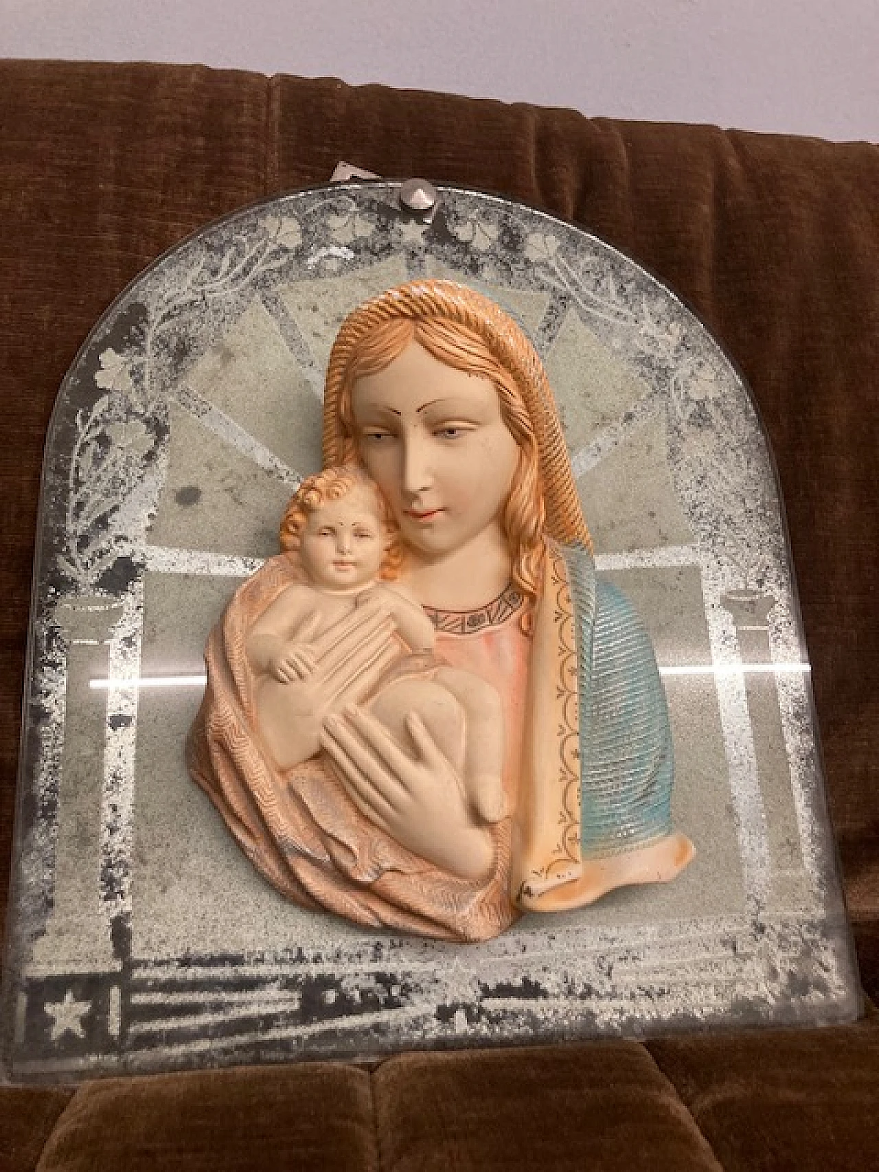 Ceramic Madonna and Child on glass base, 1940s 5