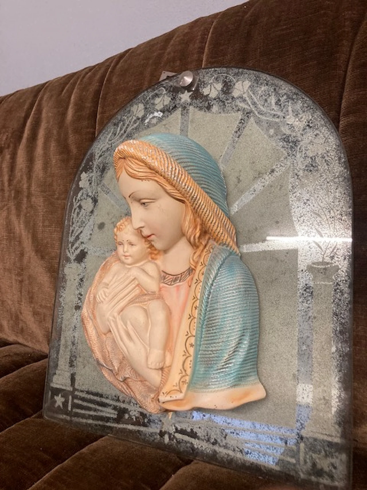 Ceramic Madonna and Child on glass base, 1940s 7