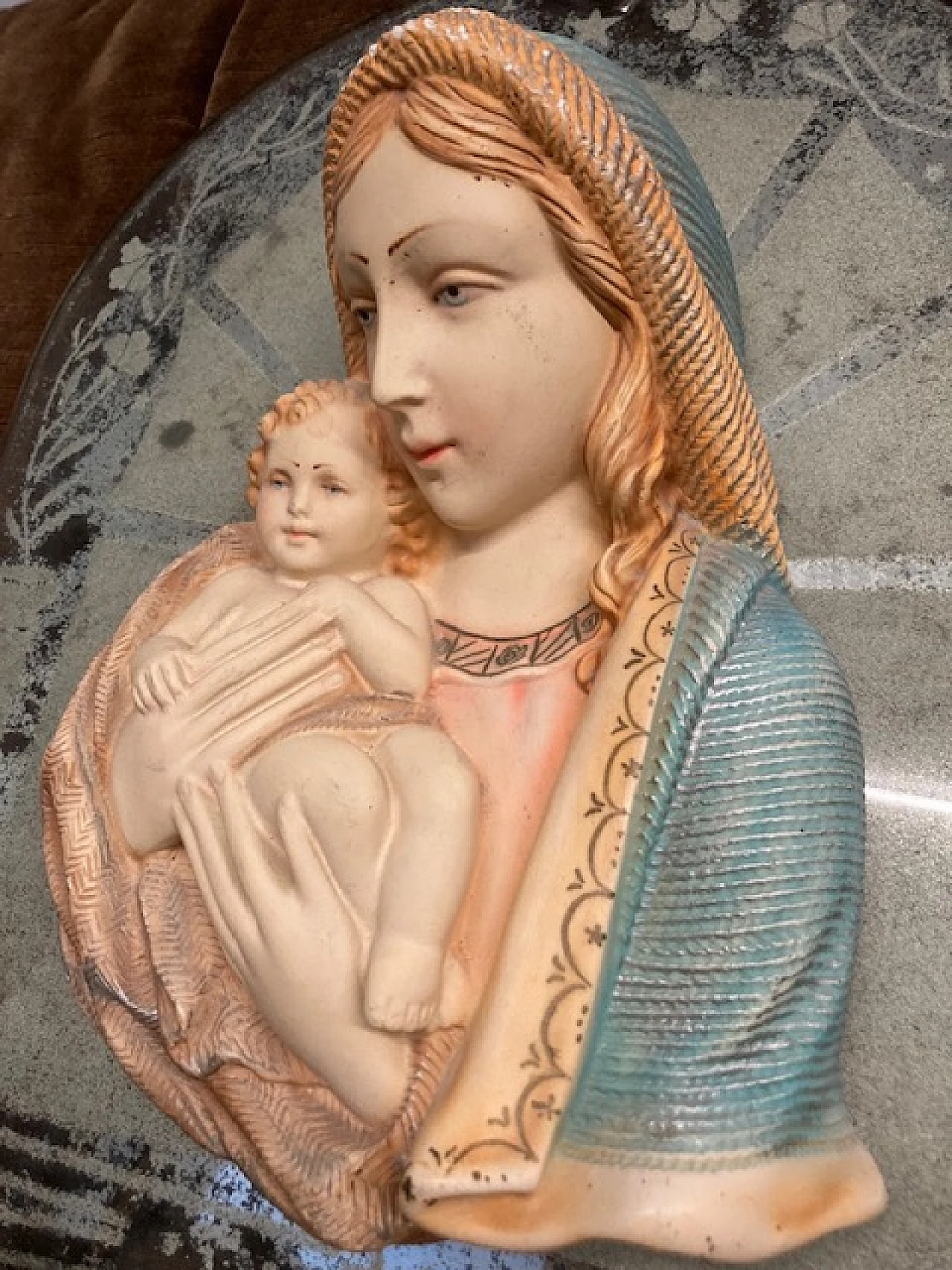 Ceramic Madonna and Child on glass base, 1940s 8