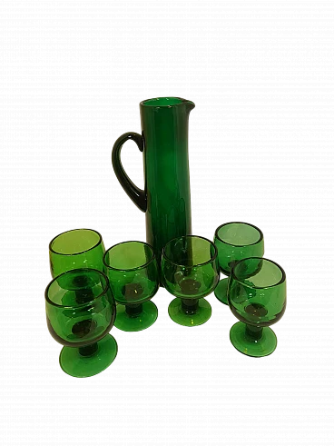 6 Goblets and carafe in green blown glass, 1950s