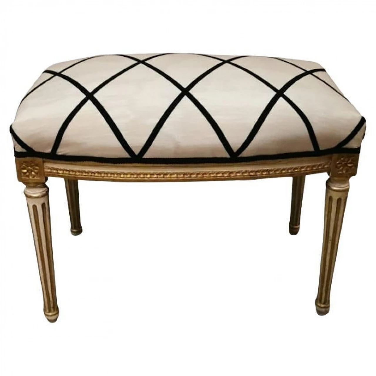 Louis XVI bench in gold leaf wood and Dedar fabric, 1920s 1