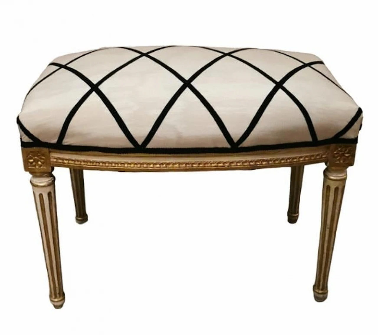 Louis XVI bench in gold leaf wood and Dedar fabric, 1920s 2