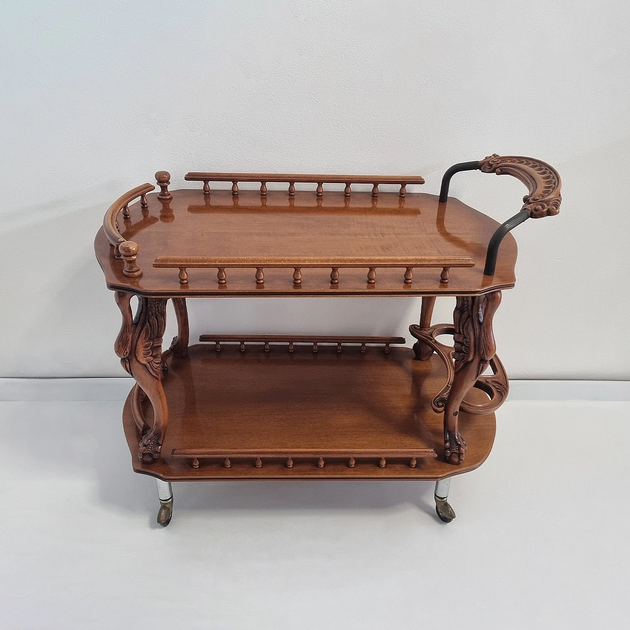 Hand-carved bar cart with wheels & 3 bottle holders, 1980s 1