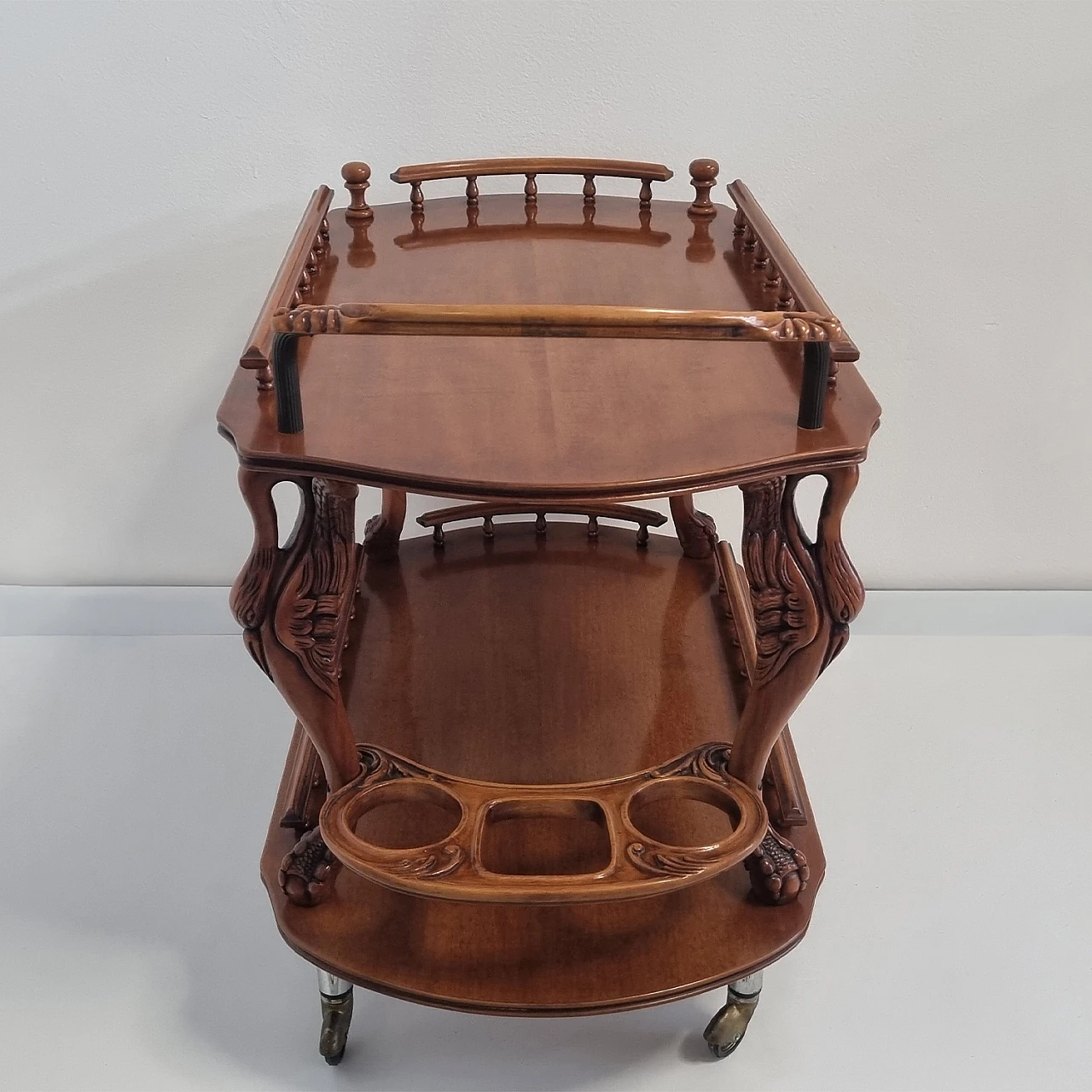 Hand-carved bar cart with wheels & 3 bottle holders, 1980s 2