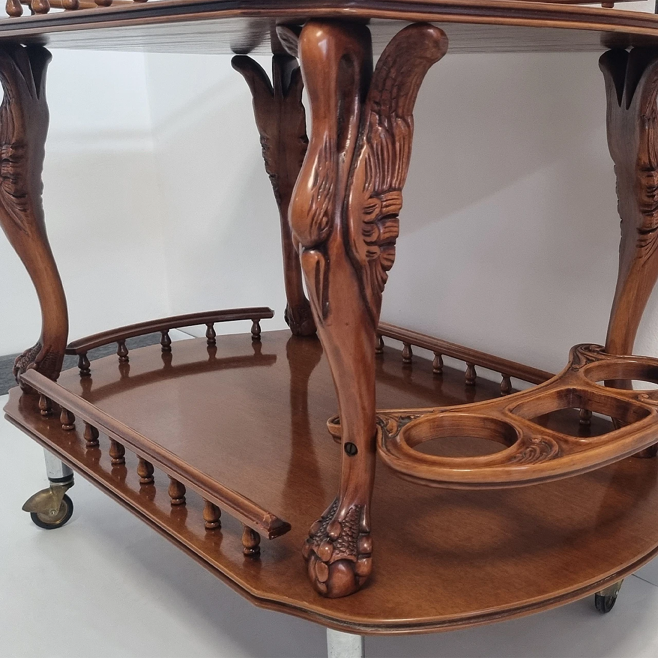 Hand-carved bar cart with wheels & 3 bottle holders, 1980s 3