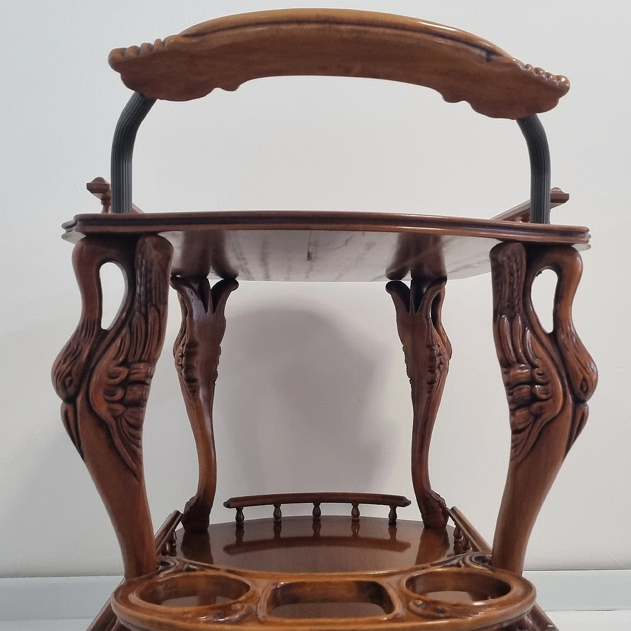 Hand-carved bar cart with wheels & 3 bottle holders, 1980s 4