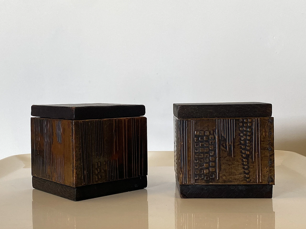 Pair of squared boxes in wood & copper by Victor Cerrato, 1960s 3