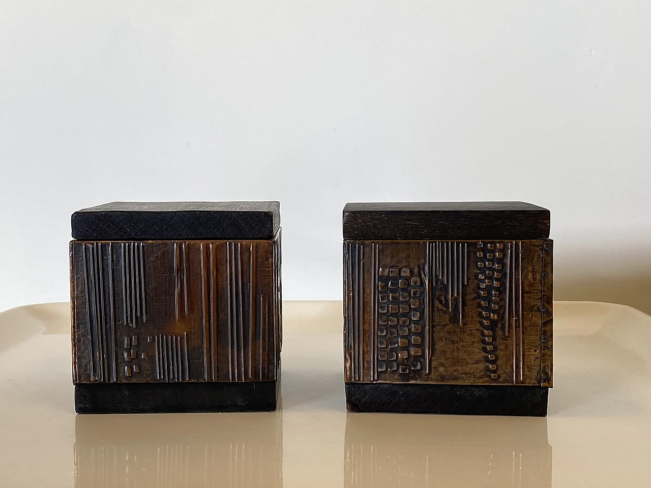 Pair of squared boxes in wood & copper by Victor Cerrato, 1960s 4