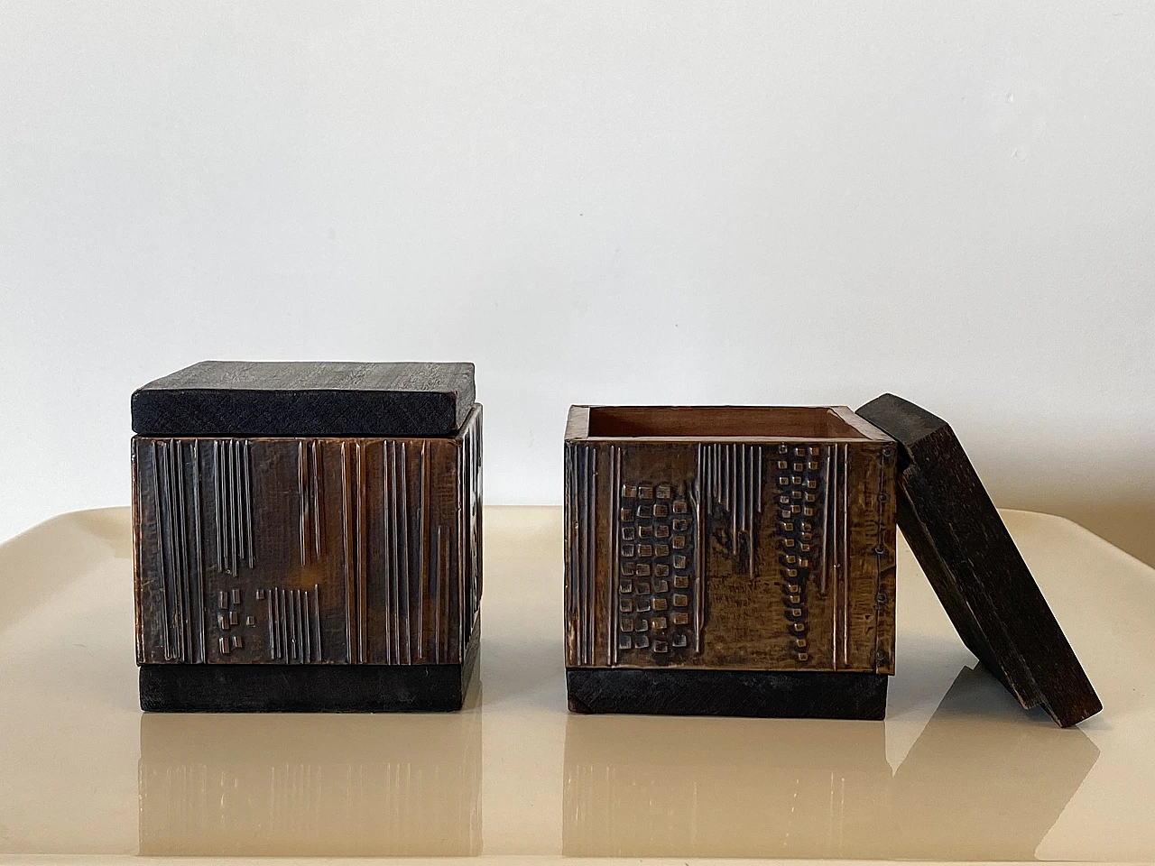 Pair of squared boxes in wood & copper by Victor Cerrato, 1960s 6