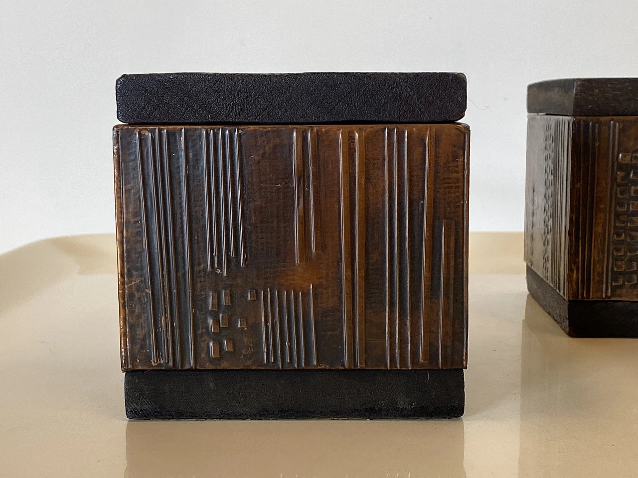 Pair of squared boxes in wood & copper by Victor Cerrato, 1960s 7