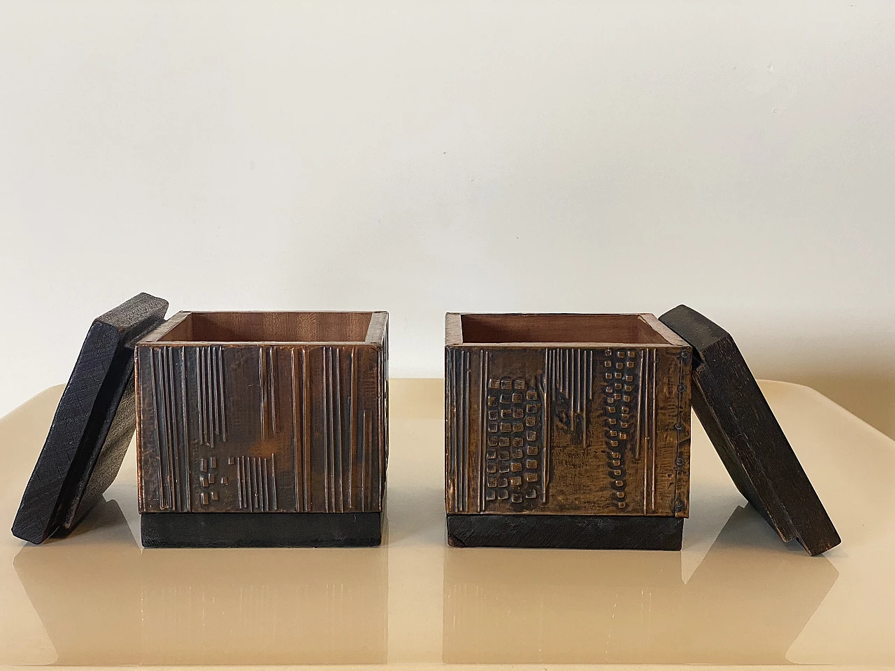 Pair of squared boxes in wood & copper by Victor Cerrato, 1960s 12