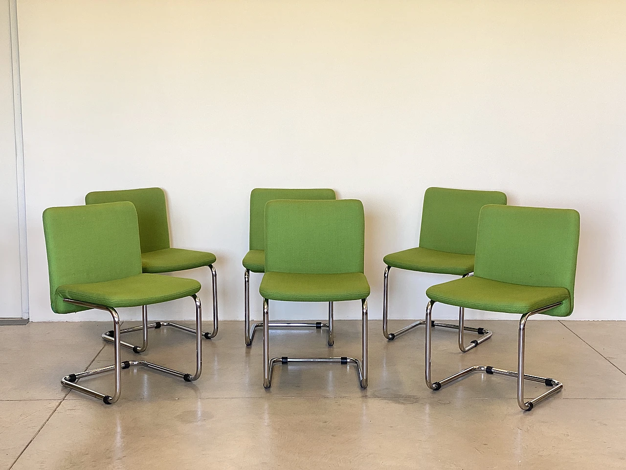 6 Chairs in chromed steel and green fabric, 1970s 3