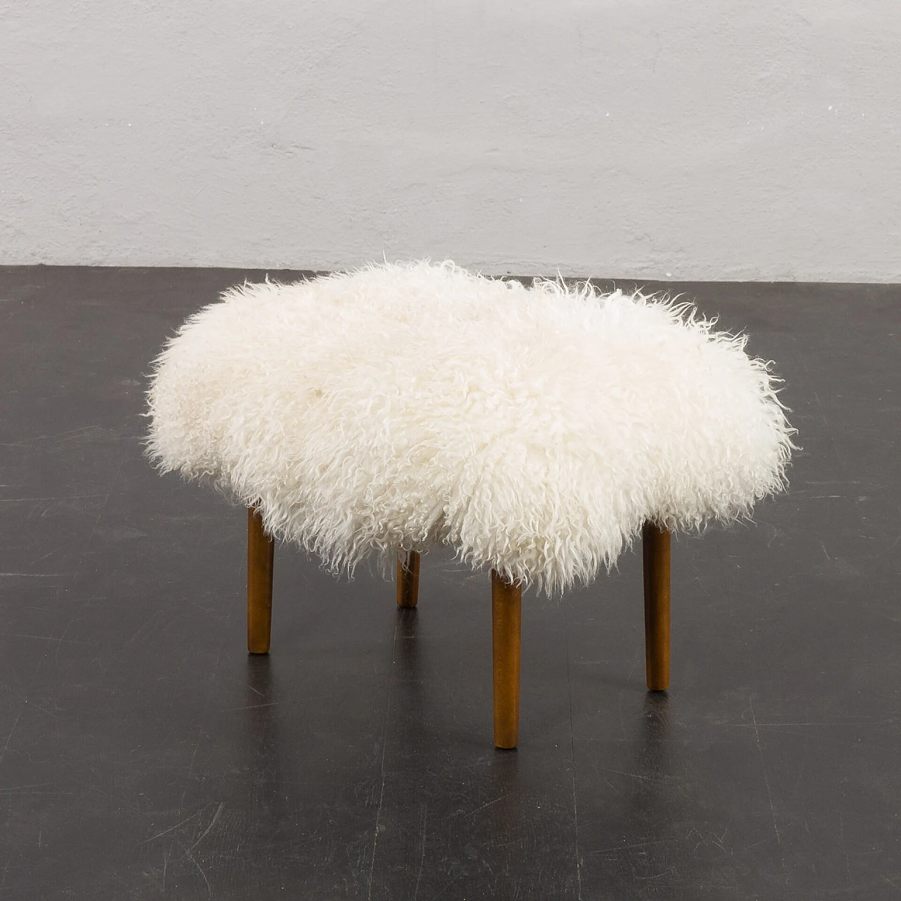 Danish sheepskin and teak footstool, 1960s 1