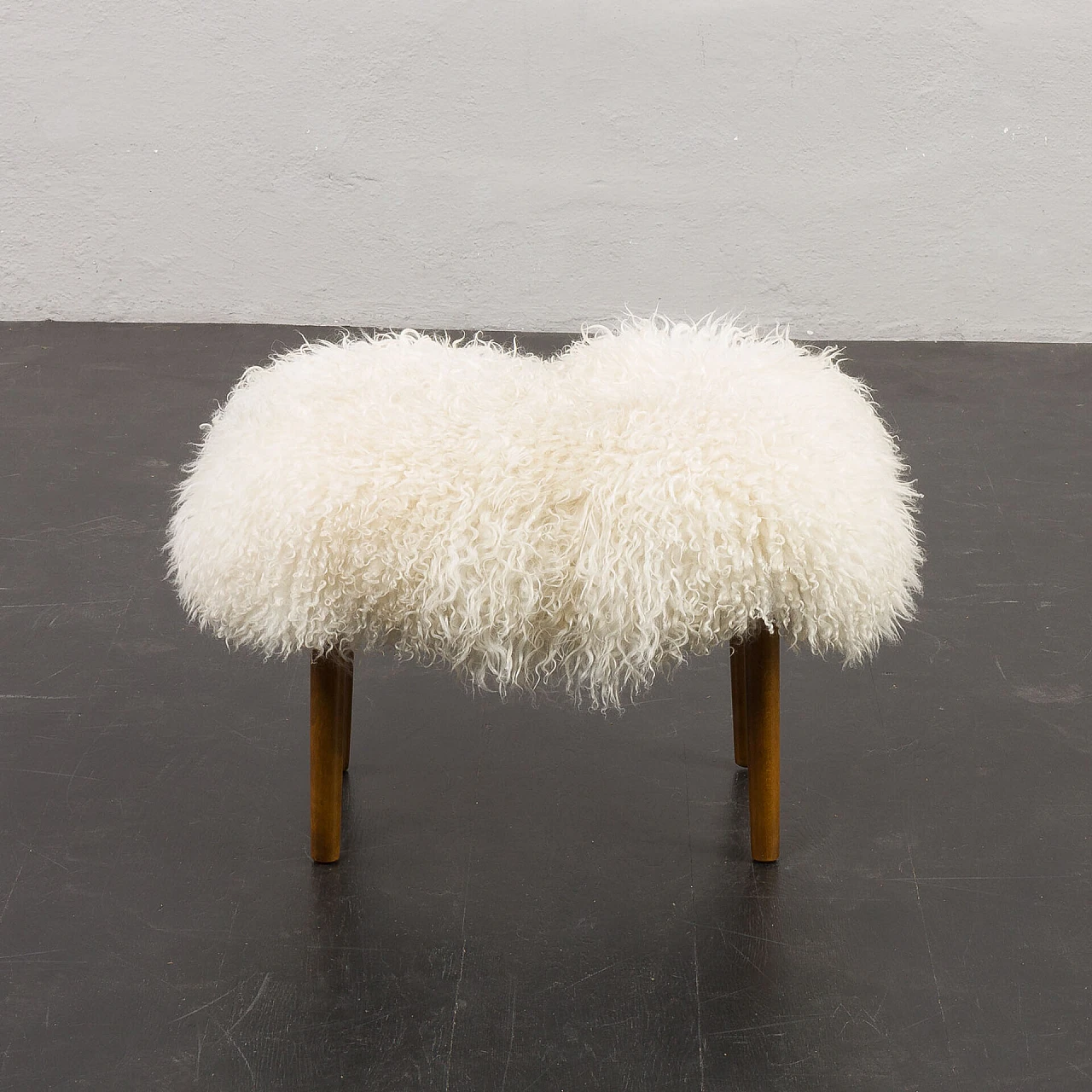 Danish sheepskin and teak footstool, 1960s 3