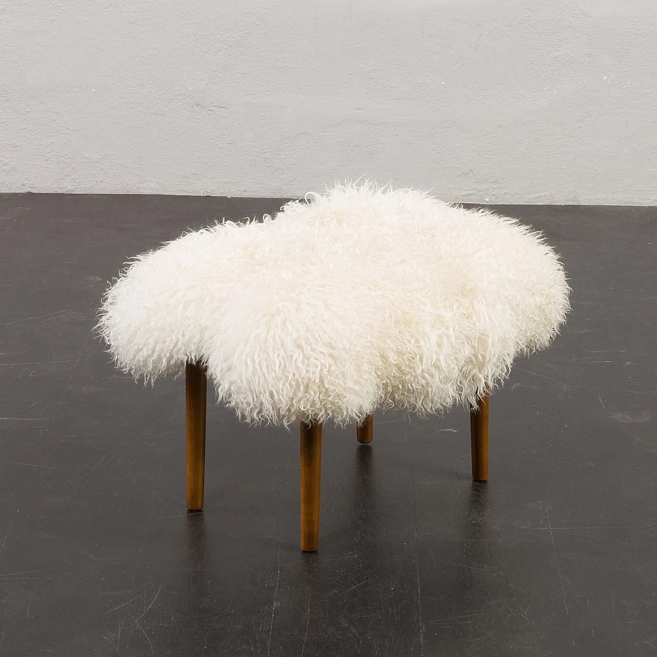 Danish sheepskin and teak footstool, 1960s 4