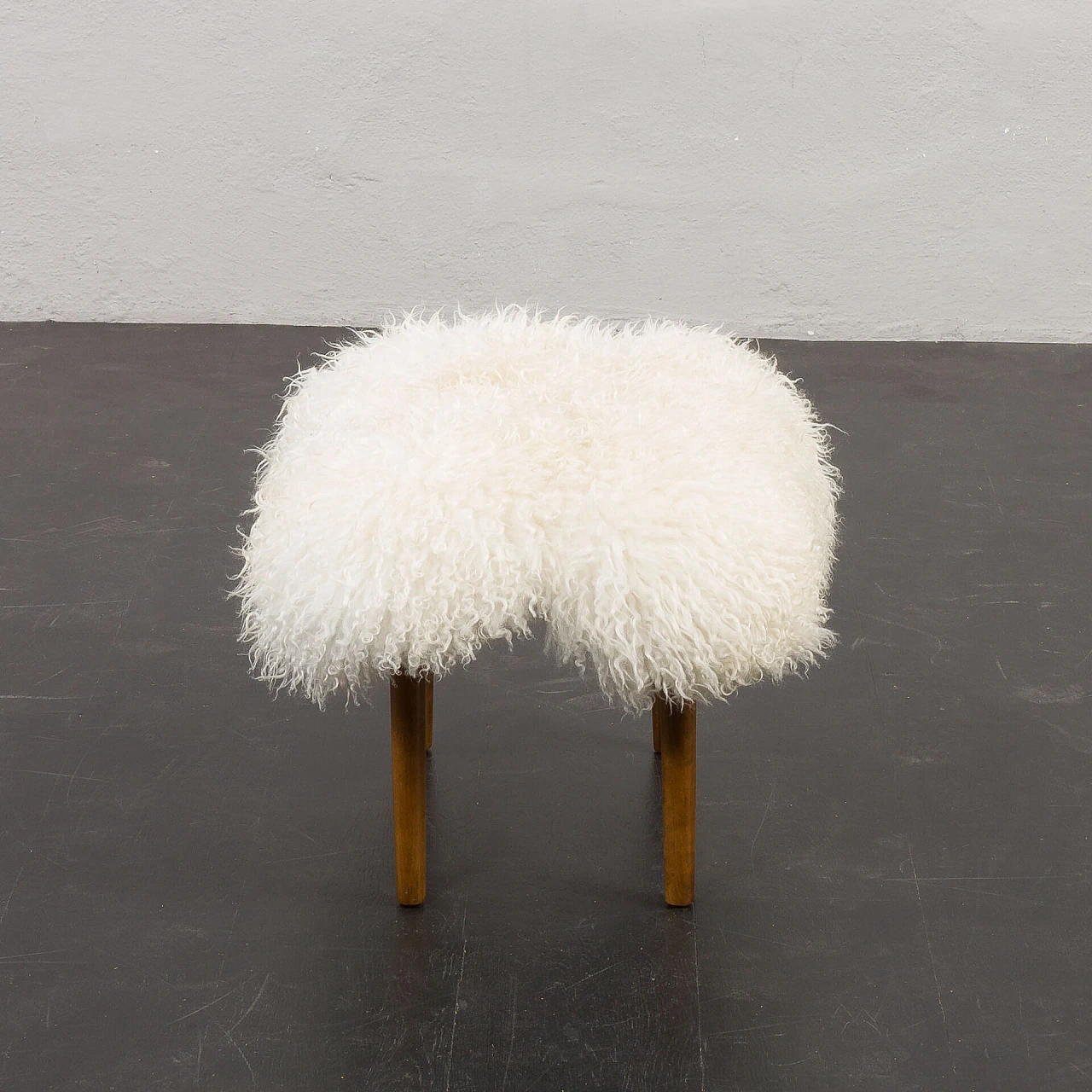 Danish sheepskin and teak footstool, 1960s 5