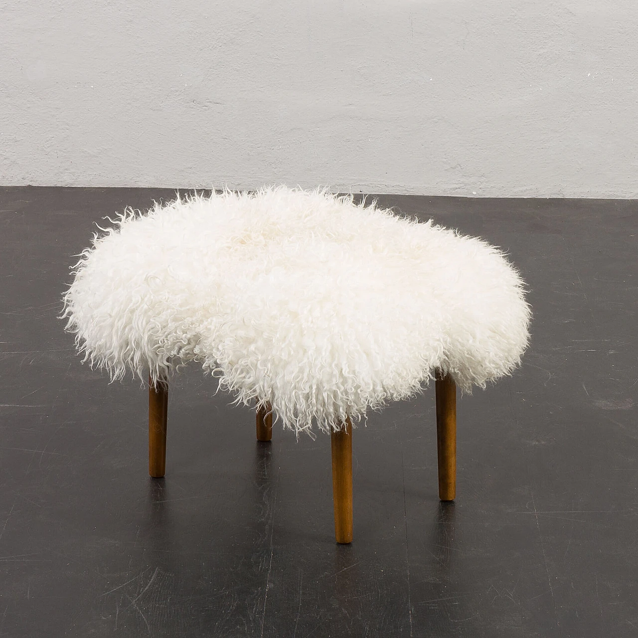 Danish sheepskin and teak footstool, 1960s 6