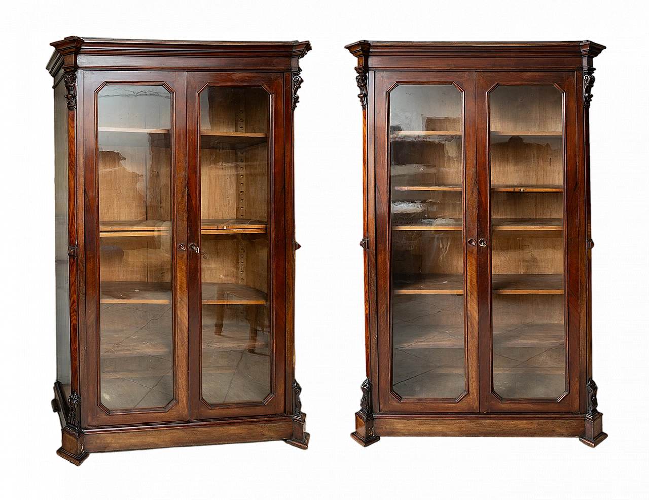 Pair of bookcases in mahogany & poplar with glass doors, 19th century 6