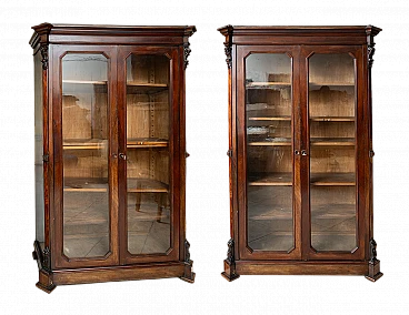 Pair of bookcases in mahogany & poplar with glass doors, 19th century