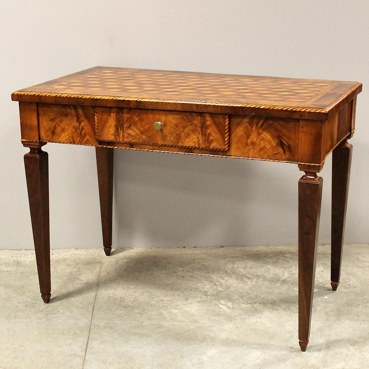 Lombard Louis XVI solid walnut writing desk with inlays, 18th century 1