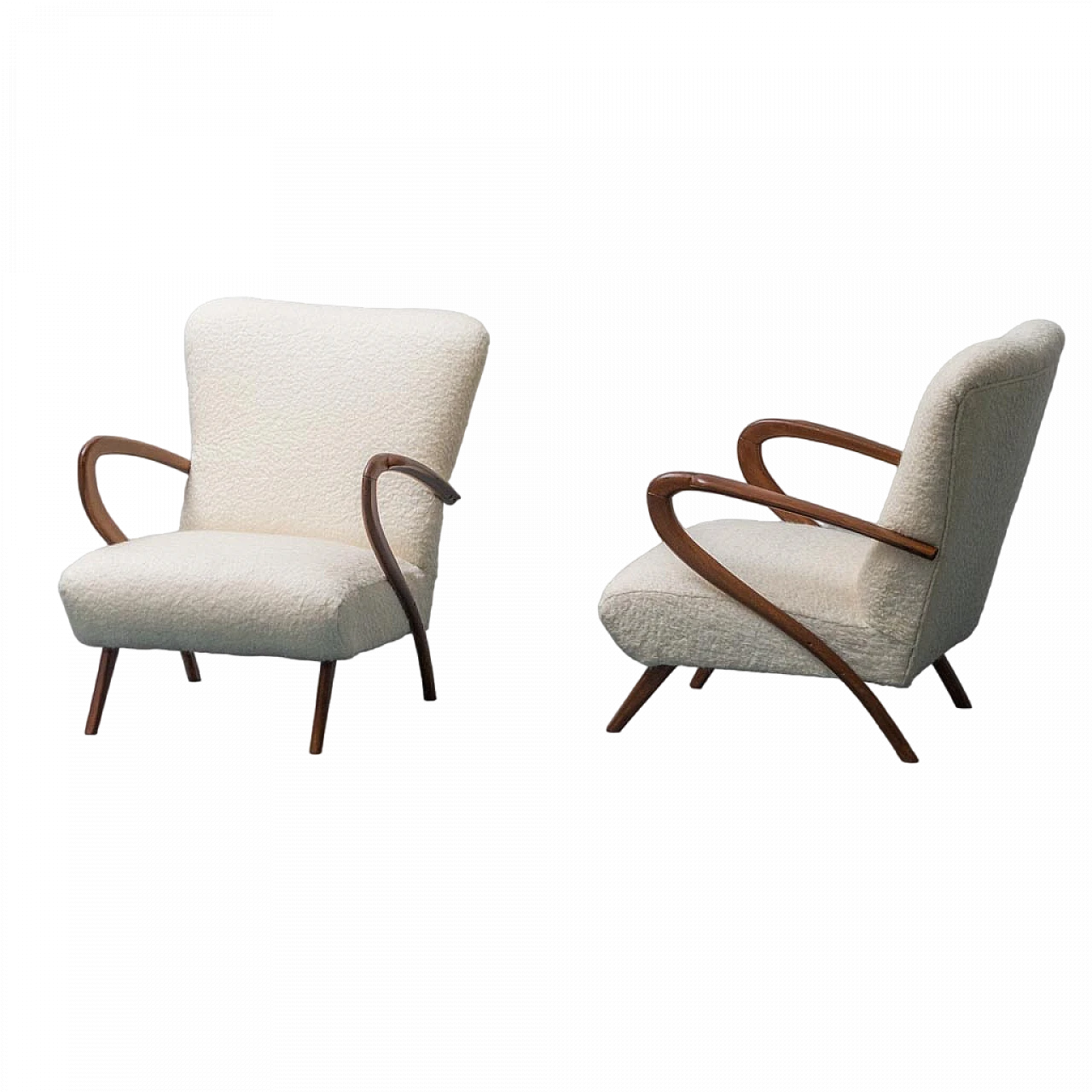 Pair of armchairs in wood and white fabric, 1960s 11