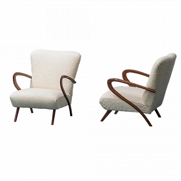 Pair of armchairs in wood and white fabric, 1960s