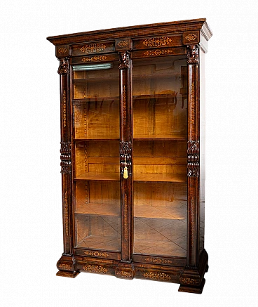 Bookcase in mahogany & poplar with glass doors, 19th century