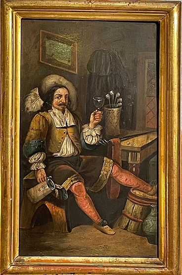 Interno con uomo seduto, dipinto a olio su metallo, '700