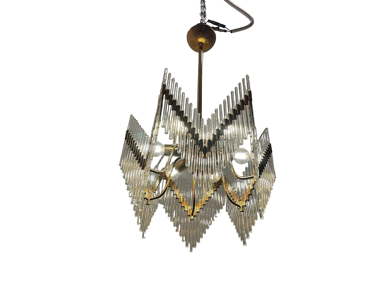 Brass chandelier with Murano glass rods, 1970s 1