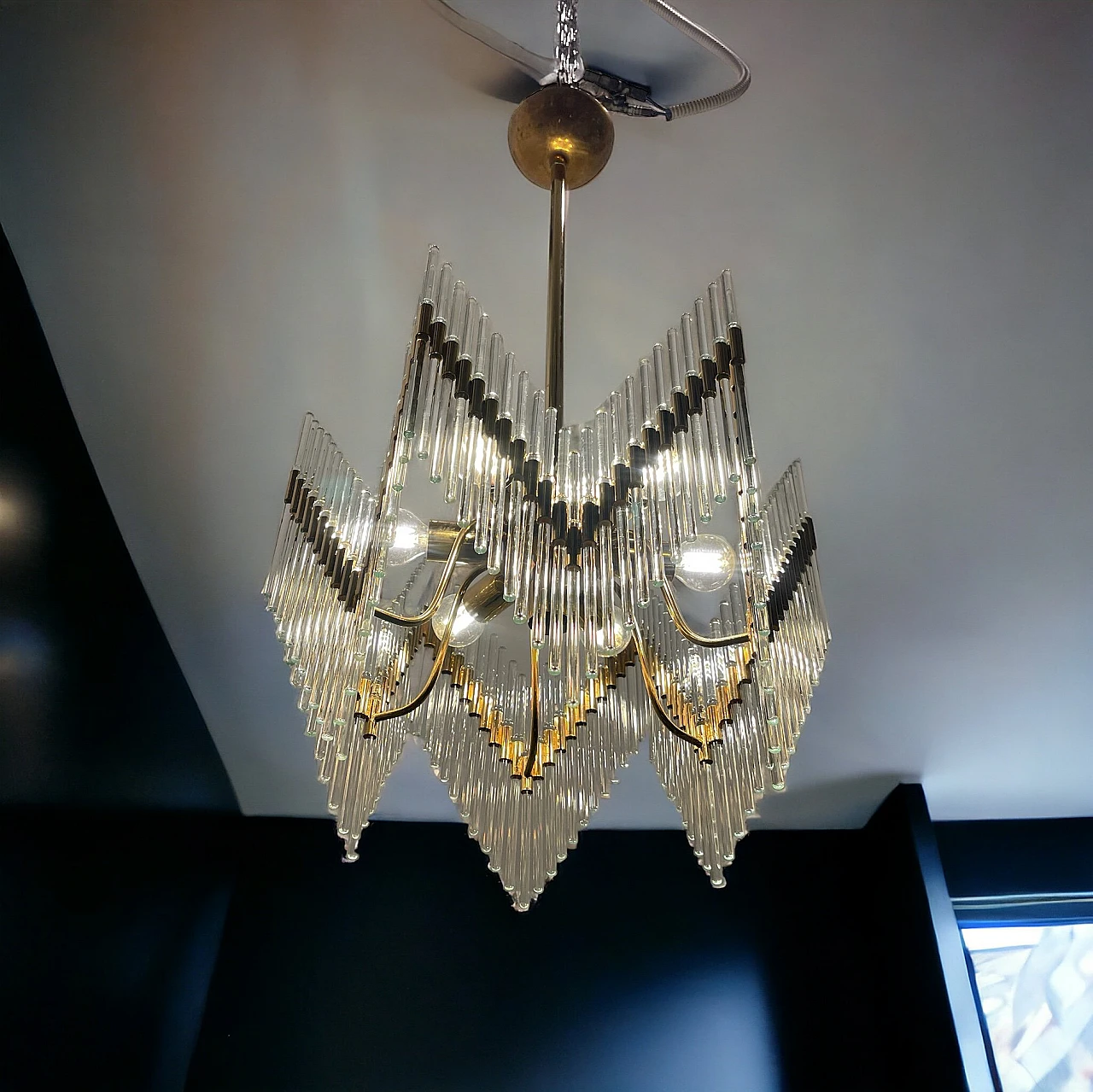 Brass chandelier with Murano glass rods, 1970s 3