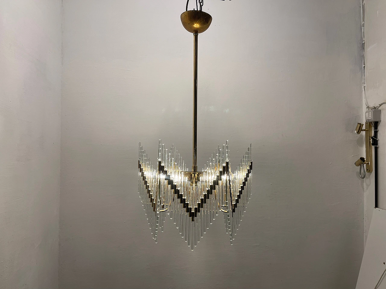 Brass chandelier with Murano glass rods, 1970s 4