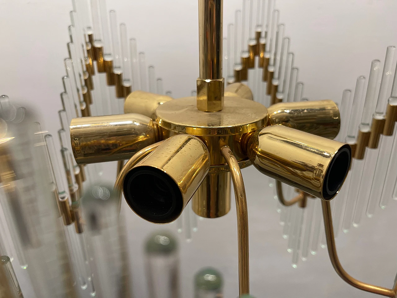 Brass chandelier with Murano glass rods, 1970s 6