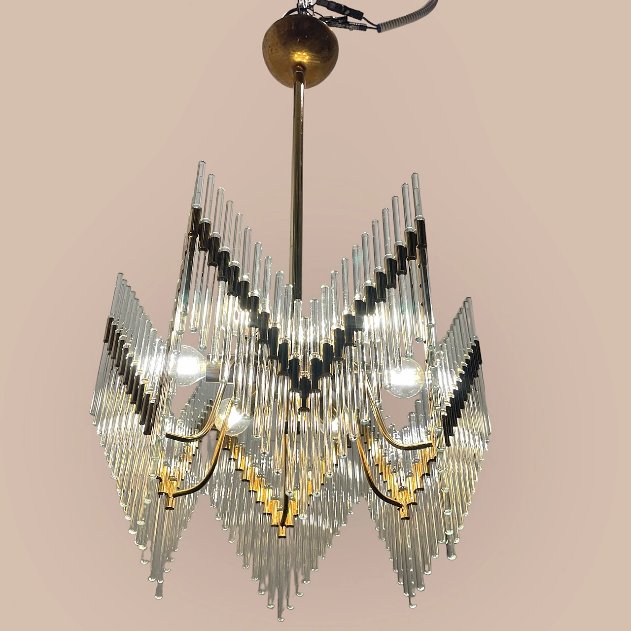 Brass chandelier with Murano glass rods, 1970s 7