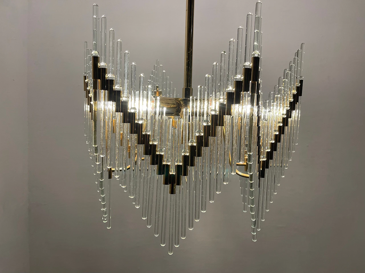 Brass chandelier with Murano glass rods, 1970s 8