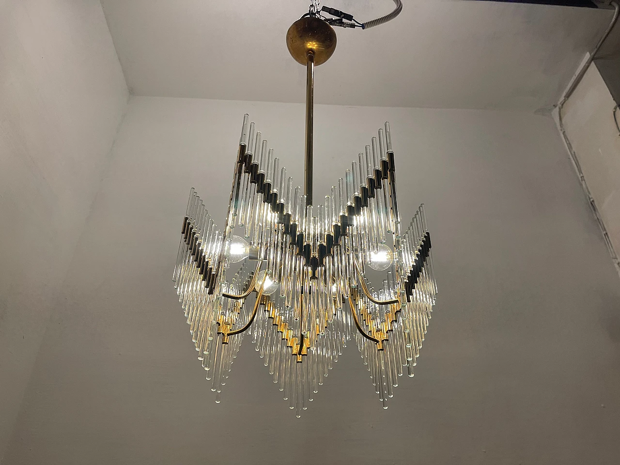 Brass chandelier with Murano glass rods, 1970s 10