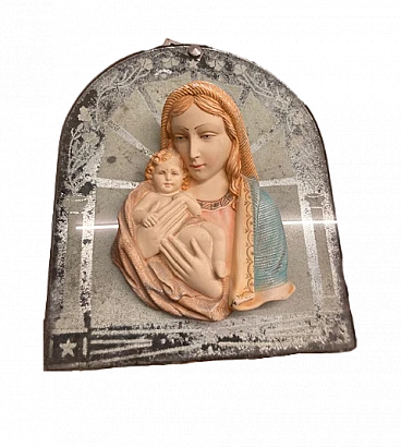 Ceramic Madonna and Child on glass base, 1940s