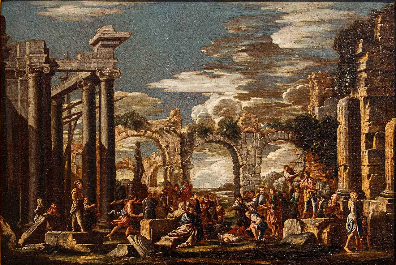 Attr. to Giovanni Ghisolfi, Capriccio with biblical scene,17th century 3