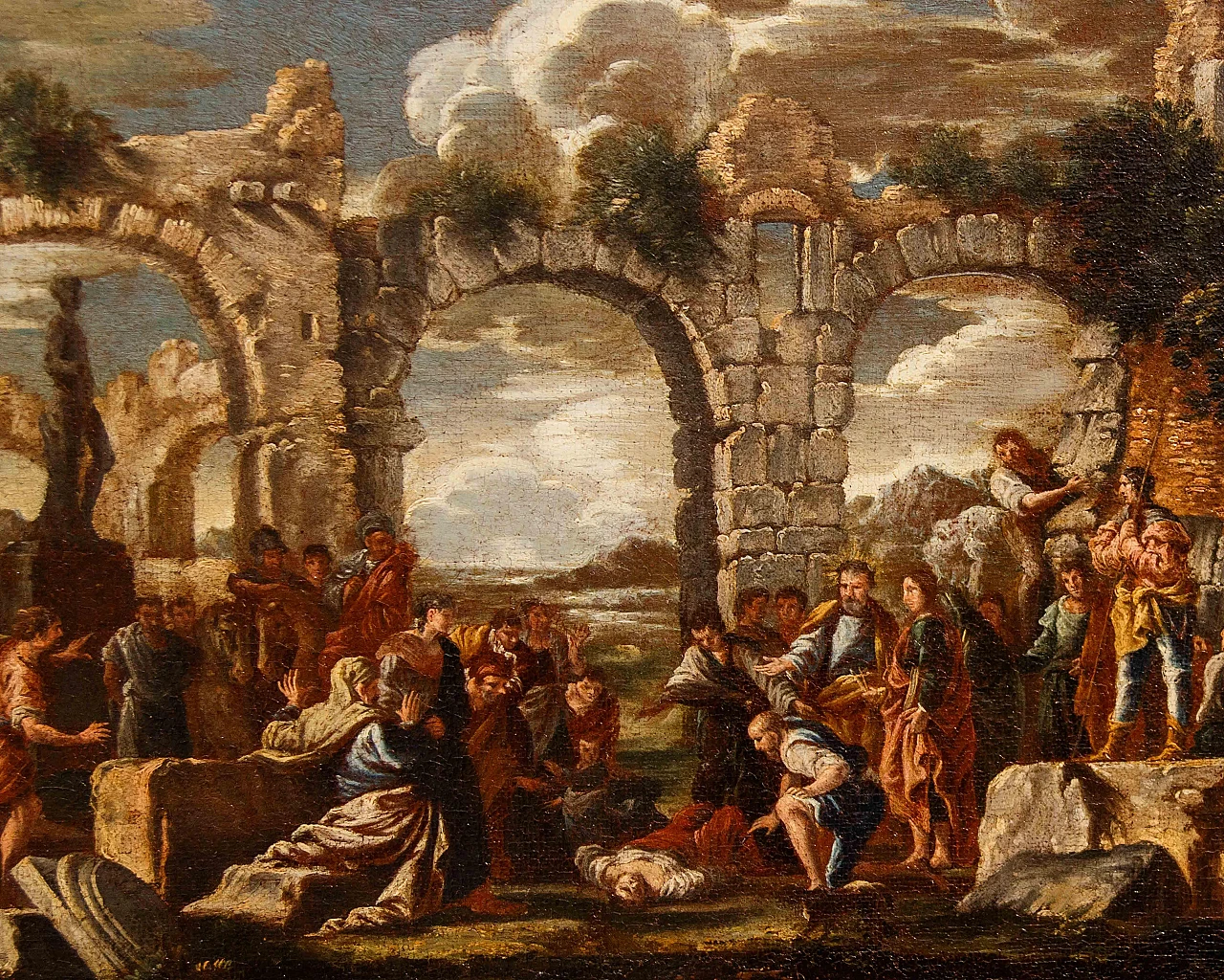 Attr. to Giovanni Ghisolfi, Capriccio with biblical scene,17th century 8