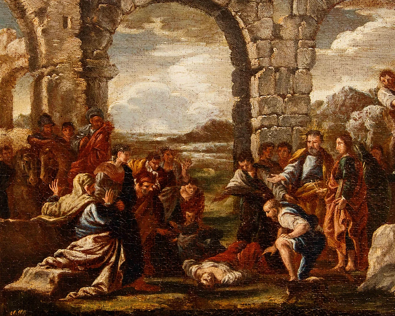 Attr. to Giovanni Ghisolfi, Capriccio with biblical scene,17th century 12