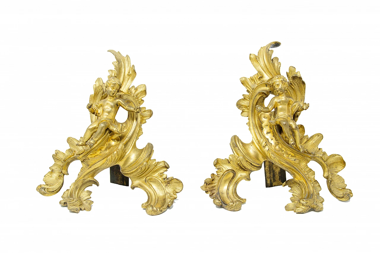 Pair of gilded bronze andirons, 19th century 1